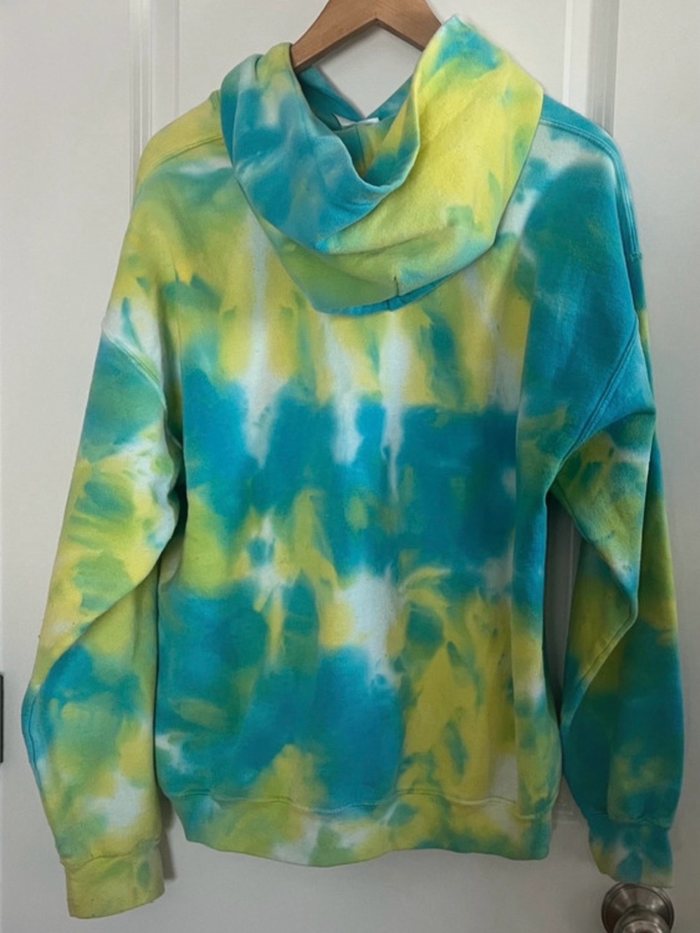 Gildan Tie-Dye Hoodie with Alien 'STRANGE' Graphic - Blue & Yellow - Picture 2 of 3
